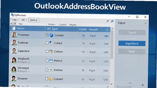 OutlookAddressBookView软件主界面预览图,展示联系人列表和导出功能按钮,背景为简洁的深蓝色调,突出软件名称和界面布局