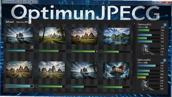 OptimumJPEG批量处理功能运行示意图,界面中显示多张图片正在被逐一处理,带有进度条和文件大小对比数据,背景为科技感十足的蓝色光效,画面清晰明亮,突出软件名称OptimumJPEG