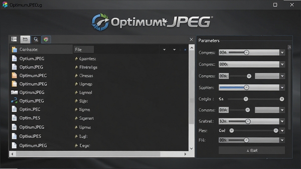 OptimumJPEG软件主界面预览图,展示简洁的工具窗口布局,左侧为文件列表,右侧为压缩参数调节面板,背景为柔和的深灰色渐变,整体风格现代且专业,高清渲染,突出软件名称OptimumJPEG的Logo标识
