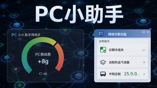 PC小助手网络诊断功能示意图,显示网络连接状态和诊断结果,背景为网络拓扑图风格,突出软件名称PC小助手
