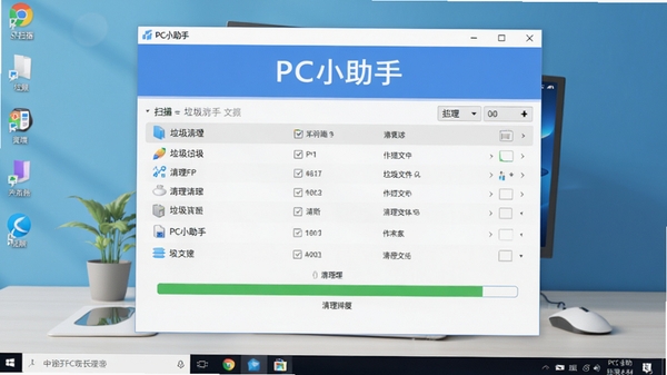 PC小助手垃圾清理功能运行界面,显示扫描到的垃圾文件列表和清理进度条,背景为干净的桌面环境,突出软件名称PC小助手