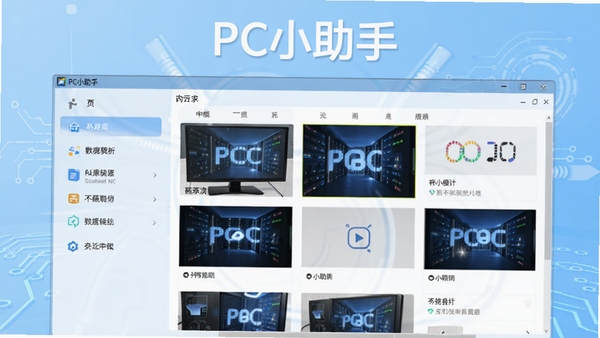PC小助手主界面预览图,展示软件整体布局,左侧功能列表,右侧内容展示区域,背景为简约的浅蓝色科技感风格,界面清晰明亮,突出软件名称PC小助手