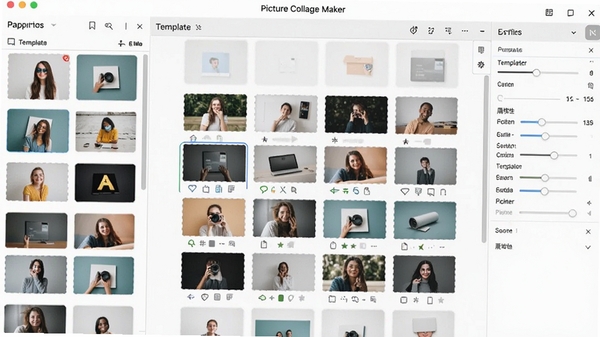 Picture Collage Maker软件主界面预览图,展示其拖拽式操作面板与丰富的模板库缩略图,界面明亮清晰,布局合理,左侧素材区、中间编辑区、右侧属性调节区,整体风格现代简洁