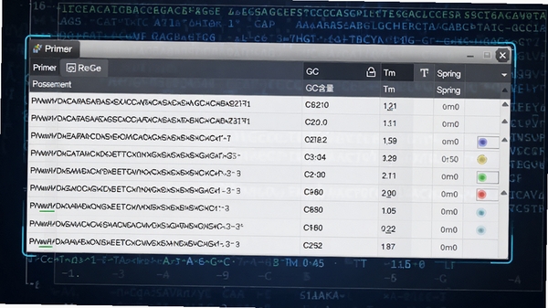 Primer 软件引物搜索结果界面,显示多个候选引物对列表,包含序列、GC含量、Tm值、评分等详细数据,界面表格清晰,背景为基因序列图谱,蓝色科技感风格