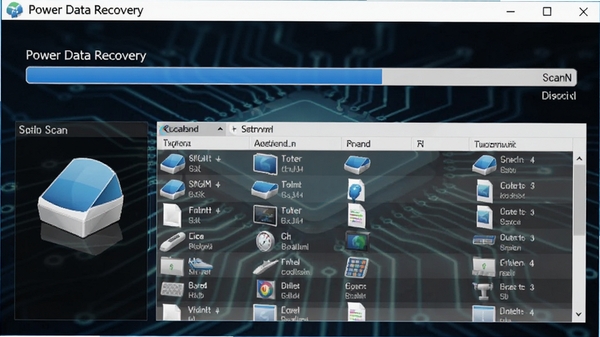 Power Data Recovery 数据恢复软件主界面,展示磁盘扫描进度条与文件列表,背景为深色科技感风格,整体画面清晰明亮,突出软件核心功能。