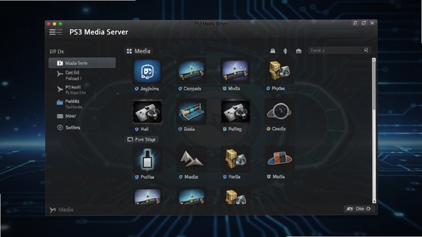 PS3 Media Server界面截图,展示主窗口与媒体库列表,背景为深色科技感风格,图标清晰,整体氛围专业