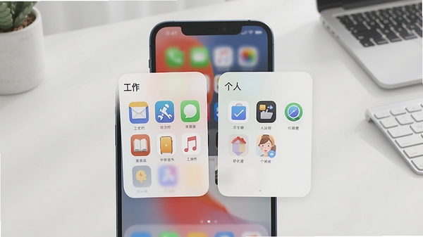 X空间独立空间模式演示,手机屏幕显示两个独立卡片,分别标注“工作”与“个人”,每个卡片内有不同应用图标,背景为干净整洁的桌面,色调柔和,体现空间隔离与隐私保护的概念
