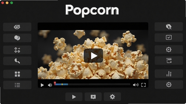 Popcorn����������Ԥ��ͼ����ɫ���ⱳ��������Ϊ��Ƶ���Ŵ��ڣ���Χ����������Ĺ��ܰ�ť�����������ִ���ͻ����������Popcorn��Logo��ʶ������������������Ⱦ��רҵӰ�����ߵķ�Χ