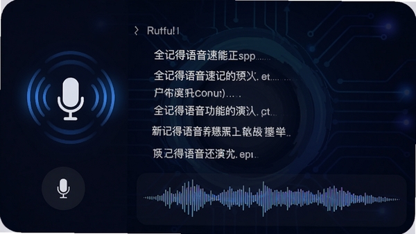全记得语音速记功能演示图,界面显示麦克风按钮与实时转写文字波形,背景为深色科技感渐变,文字逐行浮现,麦克风图标带有声波动画,整体氛围高效且富有动感。