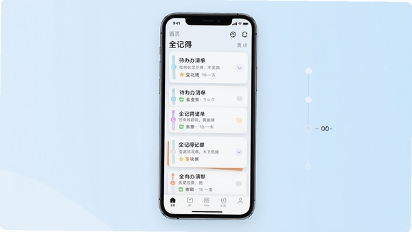 全记得应用主界面预览图,展示首页待办清单与时间轴布局,背景为柔和的浅蓝色渐变,中央是一部手机模型,屏幕中清晰显示全记得的卡片式笔记列表和底部导航栏,整体风格简约清新,突出效率与条理感。