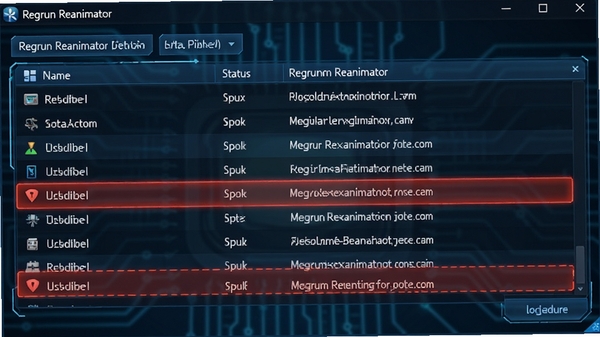 Regrun Reanimator 启动项管理功能截图,展示自启动程序列表,包含名称、状态、路径等栏目,部分项目被高亮标记为可疑,界面带有蓝色调科技风格,软件名称Regrun Reanimator 显示在窗口标题栏