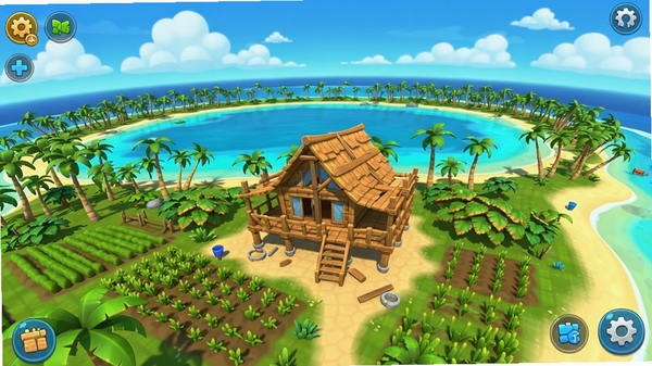 一个充满生机的热带海岛全景,画面中央有一座正在建设中的精致木屋和农田,远处是清澈的蓝色泻湖与茂密椰林,背景是蓝天白云与海平线,整体风格明亮卡通,色彩饱和度高,游戏UI界面元素融入画面边缘,竖版手机游戏画面构图,Boogu模型生成