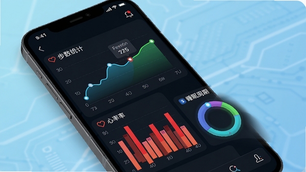 健康伴侣数据追踪功能示意图,展示手机界面中步数统计折线图、心率柱状图、睡眠周期环状图,背景为浅蓝色科技感渐变,数据图表色彩鲜明,界面干净清晰,突出数据可视化效果
