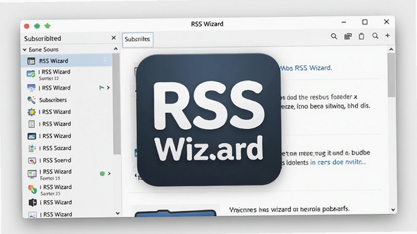 一张展示RSS Wizard主界面的高清截图,界面布局清晰,左侧是订阅源列表,右侧是文章阅读窗口,整体风格简洁明亮,背景为浅灰色,突出软件名称RSS Wizard的Logo图标,画面中心是软件主窗口,周围有柔和的阴影效果,风格类似软件官网的宣传图