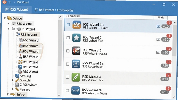 一张展示RSS Wizard订阅源管理功能的截图,左侧树状分类目录清晰可见,右侧显示订阅源列表,每个源都有图标、名称和未读数量角标,整体界面以蓝白配色为主,突出软件名称RSS Wizard在顶部的导航栏,画面风格写实,类似于软件功能演示图
