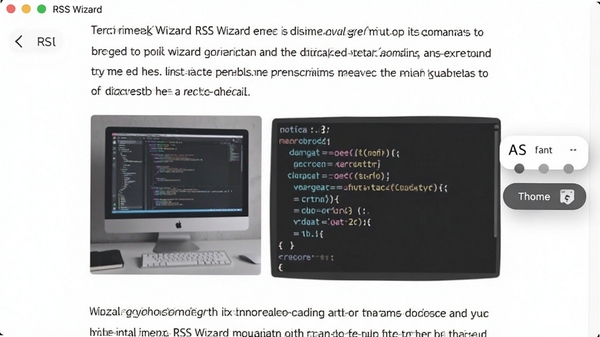 一张展示RSS Wizard阅读视图的截图,界面显示一篇科技类文章,正文排版精美,包含图片和代码块,右侧有字体调整和主题切换的悬浮按钮,软件名称RSS Wizard出现在左上角的返回键旁,整体风格现代简约,色彩柔和,突出阅读的沉浸感