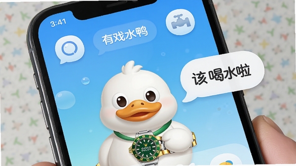 有戏鸭智能提醒功能截图风格预览,手机屏幕界面中,一只卡通鸭子戴着劳力士手表,旁边弹出气泡对话框显示“该喝水啦”,背景为清爽的渐变蓝色,UI图标圆润可爱,强调趣味提醒的核心功能。
