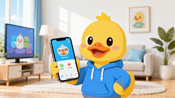 有戏鸭App全貌预览图,画面中央是一只拟人化的可爱黄色小鸭,手持智能手机,背景是简洁明亮的现代客厅,色调明快,突出软件轻松、有趣的品牌调性,画面风格扁平化设计,高清渲染。