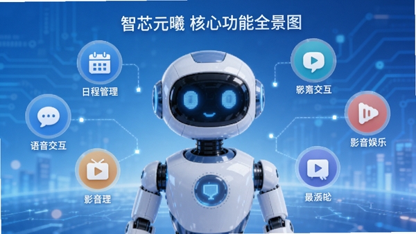 智芯元曦核心功能全景图,画面中央为智能机器人形象,周围环绕日程管理、语音交互、影音娱乐等图标,背景采用渐变蓝色科技感风格,整体明亮清晰