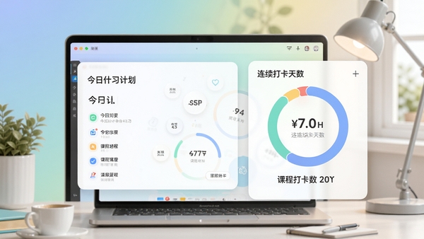 学什么软件主界面预览图,展示今日学习计划卡片、课程进度环形图与连续打卡天数,背景为柔和的渐变色学习办公场景,画面干净明亮,突出规划感与实用性