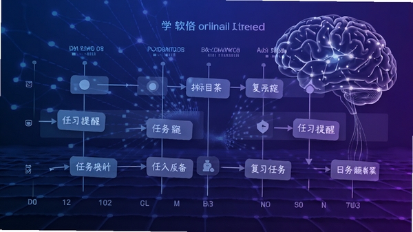 学什么软件智能规划功能示意图,展示目标拆解为日历任务的流程图,包含时间轴、任务节点与复习提醒,背景为科技感网格与大脑神经连接图案,配色以蓝紫渐变为主