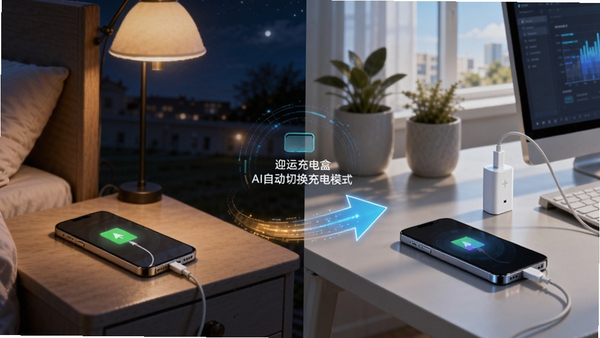 迎运充电盒智能场景识别功能预览图,画面左侧是夜间卧室床头柜上手机正在充电,右侧是一个白天办公室桌面上手机连接充电器,中间用动态箭头连接,展示AI自动切换充电模式的流程,暖色调与冷色调对比,科技感插画风格