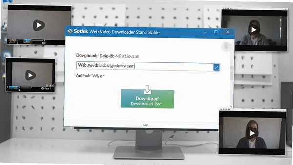 一个简洁的电脑桌面场景,屏幕中显示Sothink Web Video Downloader Stand-alone软件主界面,界面中有网址输入框和下载按钮,周围有悬浮的视频捕获小窗口,背景为浅灰色工作台,画面干净明亮,突出软件易用性,整体风格写实清晰