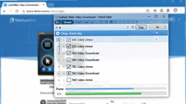 Sothink Web Video Downloader Stand-alone软件界面特写,显示正在嗅探网页中的视频流,列表中出现多个清晰度选项,旁边有下载进度条,背景是模糊的浏览器窗口,色彩以蓝色和白色为主,科技感十足,画面细节丰富