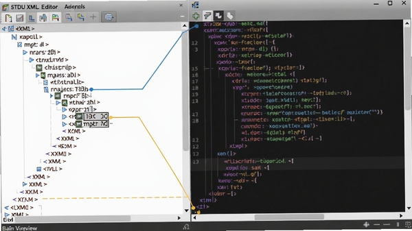 STDU XML Editor 双栏视图功能展示图,左侧是折叠的 XML 树状节点,右侧是对应的彩色代码,用线条连接表示对应关系。
