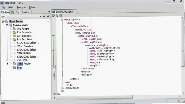 STDU XML Editor 软件主界面预览图,左侧为树形节点导航栏,右侧为代码编辑区域,整体采用浅灰色调,界面布局清晰,展示 XML 文件结构。