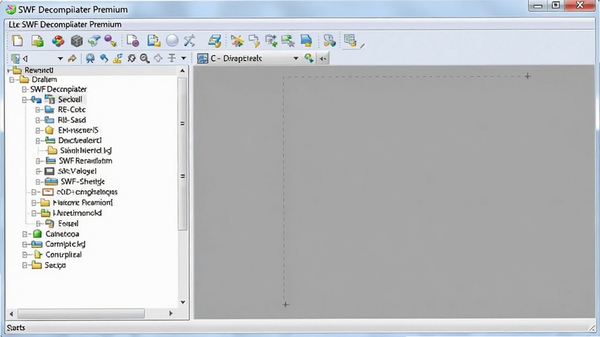 SWF Decompiler Premium主界面截图,左侧资源树形列表,右侧预览窗口,工具栏清晰,整体风格简洁专业,背景为浅灰色工作台,图标色彩鲜明,软件名称显示在窗口标题栏