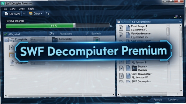 SWF Decompiler Premium反编译FLA工程文件的过程示意图,显示进度条和文件列表,背景为深蓝色科技感风格,软件名称以高亮字体显示在界面中央