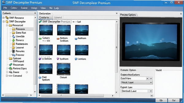 SWF Decompiler Premium导出素材操作界面,显示资源列表和导出选项,左侧为素材分类树,右侧为预览区,界面清晰,背景为纯色,软件名称为SWF Decompiler Premium