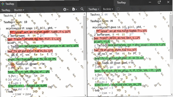TexRep软件文本比对功能界面图,左右分栏显示两个文本文件的差异,差异部分用红色和绿色高亮标记,界面清晰直观