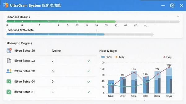 UltraGram系统优化功能界面截图,展示清理扫描结果和优化建议列表,界面带有进度条和数据分析图表。