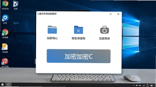 U盘文件夹加密助手主界面截图,展示其简洁的功能布局和醒目的加密按钮,背景为电脑桌面环境,整体风格现代且专业