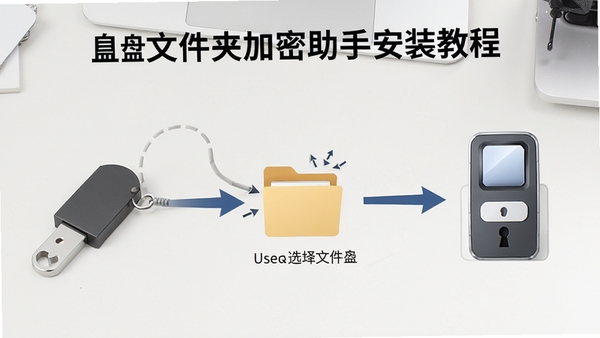 U盘文件夹加密助手安装教程示意图,画面分步展示插入U盘、选择文件夹、输入密码的流程,背景为干净的纯色桌面