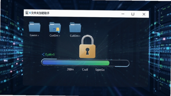 展示U盘文件夹加密助手正在对U盘中的文件夹执行加密操作的界面,画面突出加密进度条和锁形图标,背景为数据流动的抽象光影效果