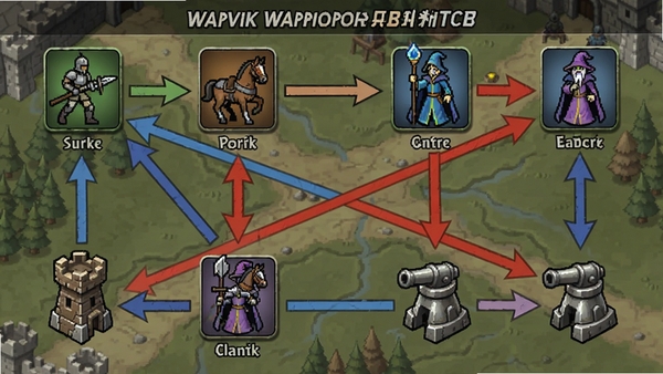 Warvik Warriors兵种克制关系示意图,画面展示游戏内步兵、骑兵、法师等兵种图标以及箭塔、炮塔等防御塔模型,用箭头和颜色标示相互克制关系,背景为战场地图俯瞰视角,风格简洁明了,突出策略搭配主题