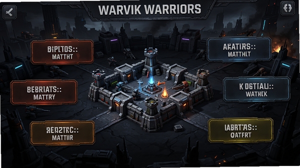 Warvik Warriors游戏主界面预览图,展示游戏主城界面与多个战斗关卡入口,背景为暗色系科幻战场,画面中央是玩家基地模型,四周分布着不同难度的战役按钮,整体风格硬朗,色彩对比鲜明,突出策略塔防游戏的核心元素
