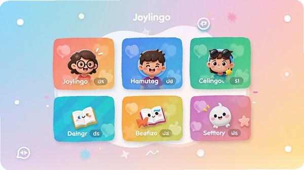 Joylingo语言学习软件主界面预览图,画面中央是色彩鲜明的课程卡片,背景为柔和的渐变色,整体风格明亮活泼,展现移动端学习的便捷与乐趣