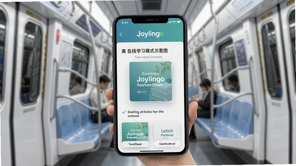 Joylingo离线学习模式示意图,手机界面显示已下载的离线词库包,背景是简约的地铁车厢,强调无网络环境下的流畅使用体验