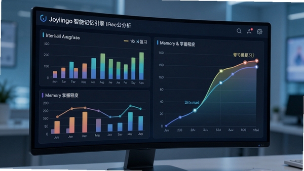 Joylingo智能记忆引擎的数据分析界面,屏幕上有彩色图表和记忆曲线,展示单词复习的间隔与掌握程度,科技感十足