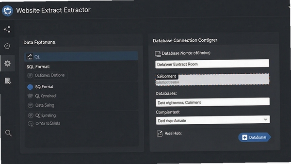 Website Extractor 数据导出设置界面,显示SQL格式选项和数据库连接配置,背景为深灰色商务风格,强调数据处理的专业性与高效性