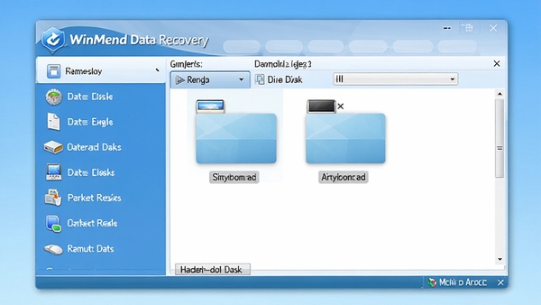 WinMend Data Recovery 主界面展示,左侧功能列表清晰可见,右侧为磁盘分区选择区域,界面风格简洁明快,整体色调以蓝色和白色为主,窗口设计具有现代感,图标细节精致,背景为纯净的浅色渐变