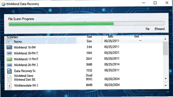 WinMend Data Recovery 软件正在执行深度扫描,界面显示文件扫描进度条,下方列出已扫描到的文件列表,包含文件名、大小、修改日期等详细信息,背景为深蓝色科技感风格,界面数据滚动显示