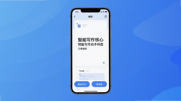 文案助手主界面预览图,展示手机屏幕上的应用界面,背景为渐变蓝色,中央显示文案编辑区域和功能按钮,整体风格简洁现代,突出智能写作核心功能