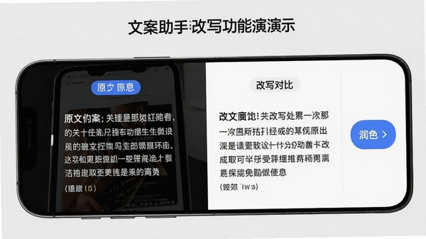 文案助手改写功能演示图,手机屏幕显示原文和改写后的文本对比,右侧有润色按钮,背景为浅灰色,突出文字处理效果