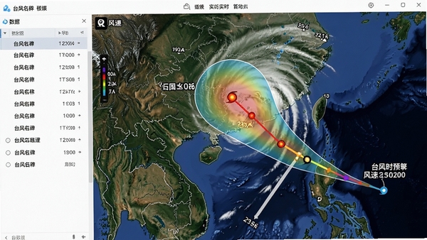 台风实时路径软件功能预览图,展示多图层切换界面,左侧为数据列表,右侧地图上叠加卫星云图和路径预测线,颜色渐变表示时间先后,画面清晰标注台风名称和风速数值。