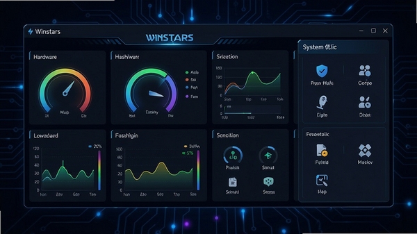 Winstars软件主界面预览图,展示硬件监控仪表盘与系统优化功能模块,背景为深色科技感风格,界面元素清晰,色彩鲜明